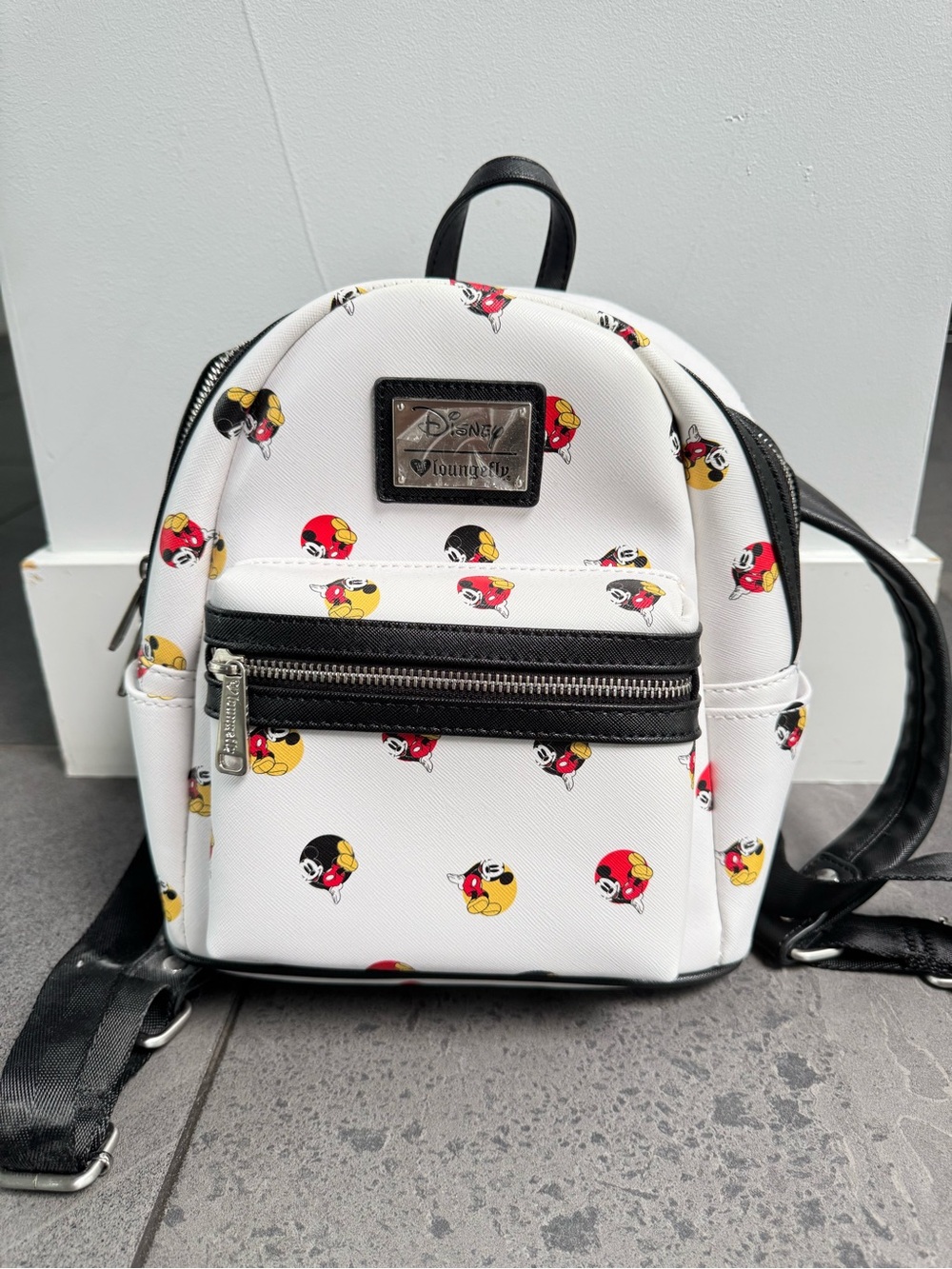 Loungefly White Mini Backpack with Red and Yellow Mickey Icons